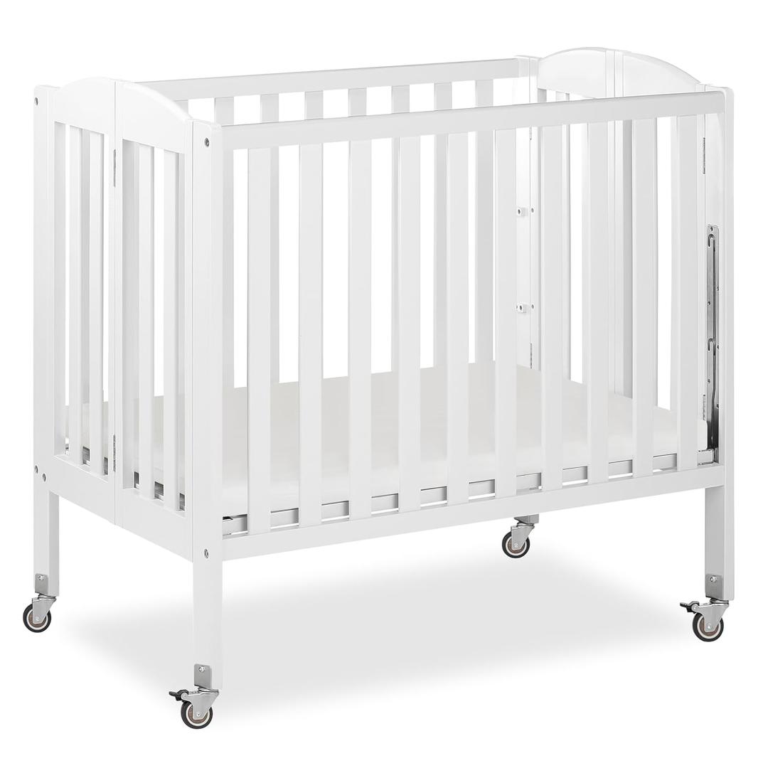 Dream On Me 3-in-1 Portable Folding Stationary Side Mini Baby Crib in White & Mattress, GreenGuard Gold & JPMA, Use as Changer & Playpen, Locking Wheels, 3 Mattress Heights, Extra Firm Mattress 41"L x 26"W x 40"H