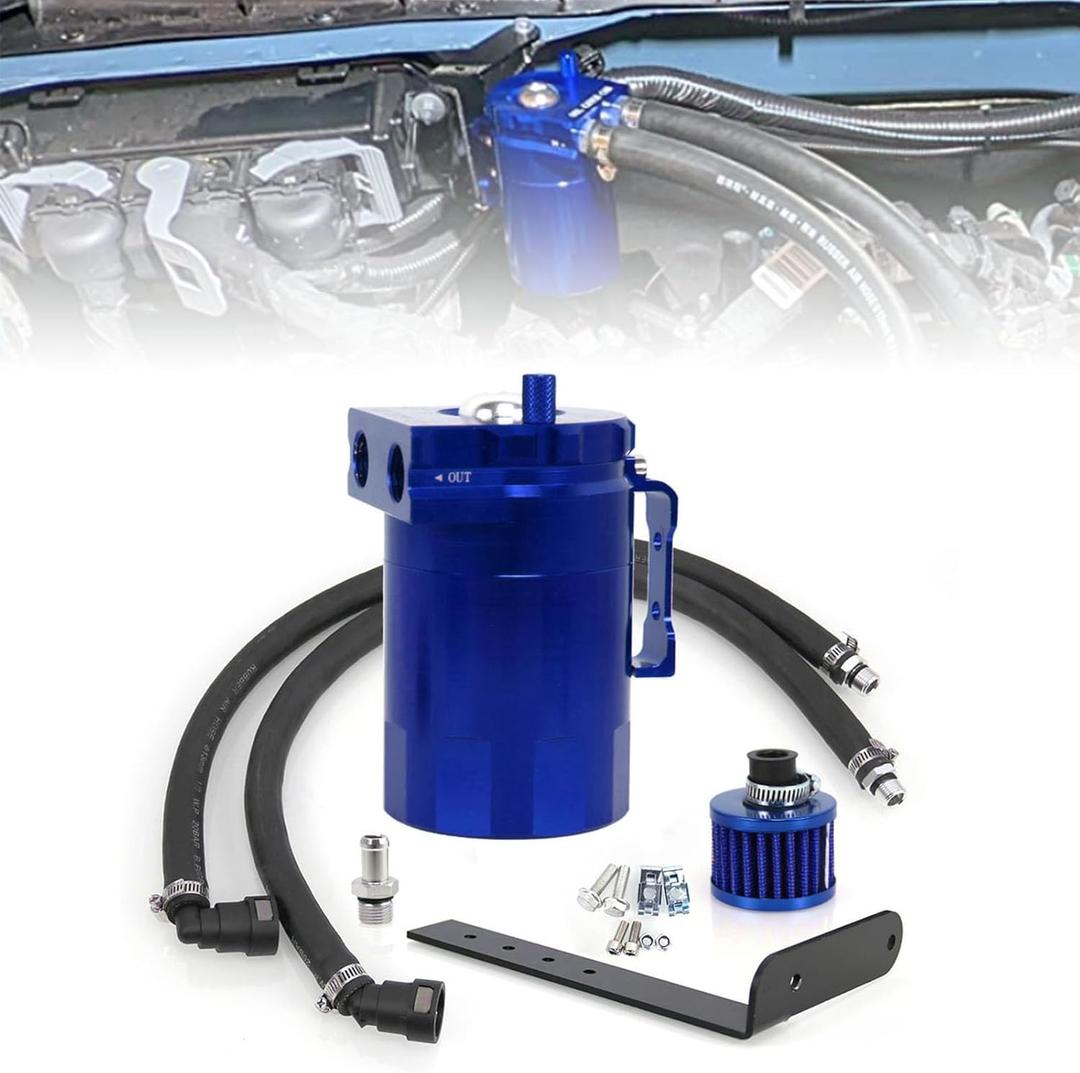 RULLINE Oil Catch Can Kit Oil Separator Reservoir Tank Engine Polish Baffled Compatible with 2011-2019 Ford F150 2.7EB 3.5EB 5.0 Passenger Side with Breather Filter Blue 400ml
