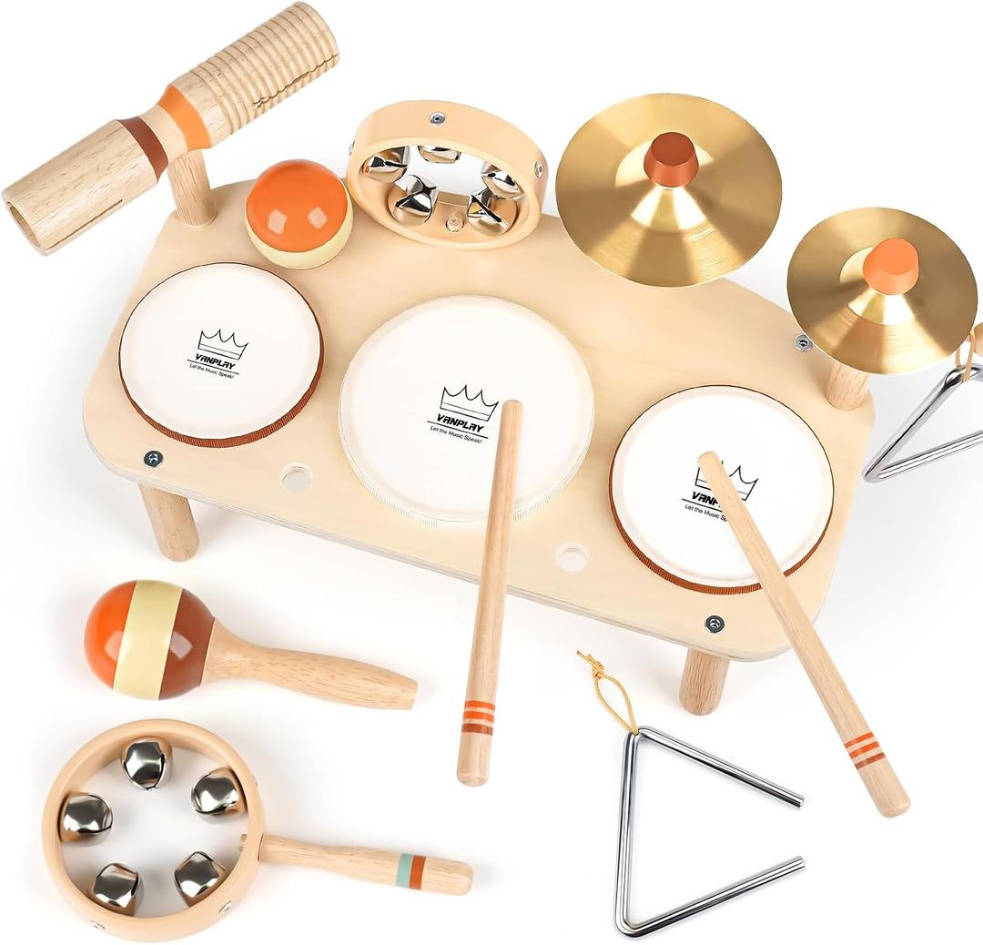 Kids Drum Set - Montessori Toys for 2 Year Old Boy Girl Birthday Gifts, 11 in 1 Wooden Musical Instruments for Toddlers 2-3, Musical Activity Table Preschool Learning Toys for Baby 18+ Months, Small