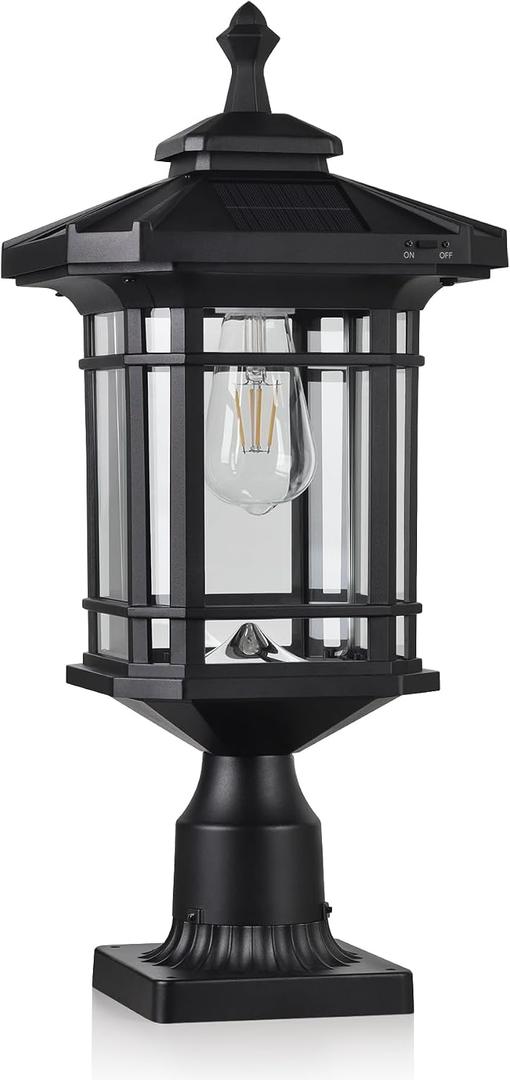 Solar Post Light Outdoor, ST4338Q Dusk to Dawn Post Lamp Solar Powered with Pier Mount Base for Pole Pillar Gates Yard Garden Pathway