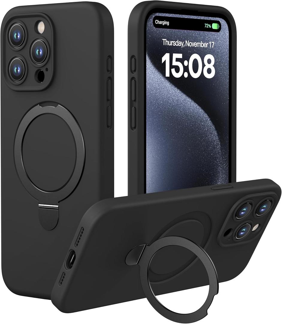 CellEver Strong Magnetic Case for iPhone 15 Pro Max [for MagSafe Charging] [Camera Protection] Heavy-Duty Protection, Soft Grip Silicone Cover with Kickstand, Black