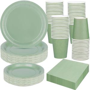 TWOWYHI 200PCS Party Supplies Paper Plates Set for Party with 50Guests 7"and 9" Disposable Plates Napkins Cups for Birthday Bridal Shower Wedding Parties Sage Green