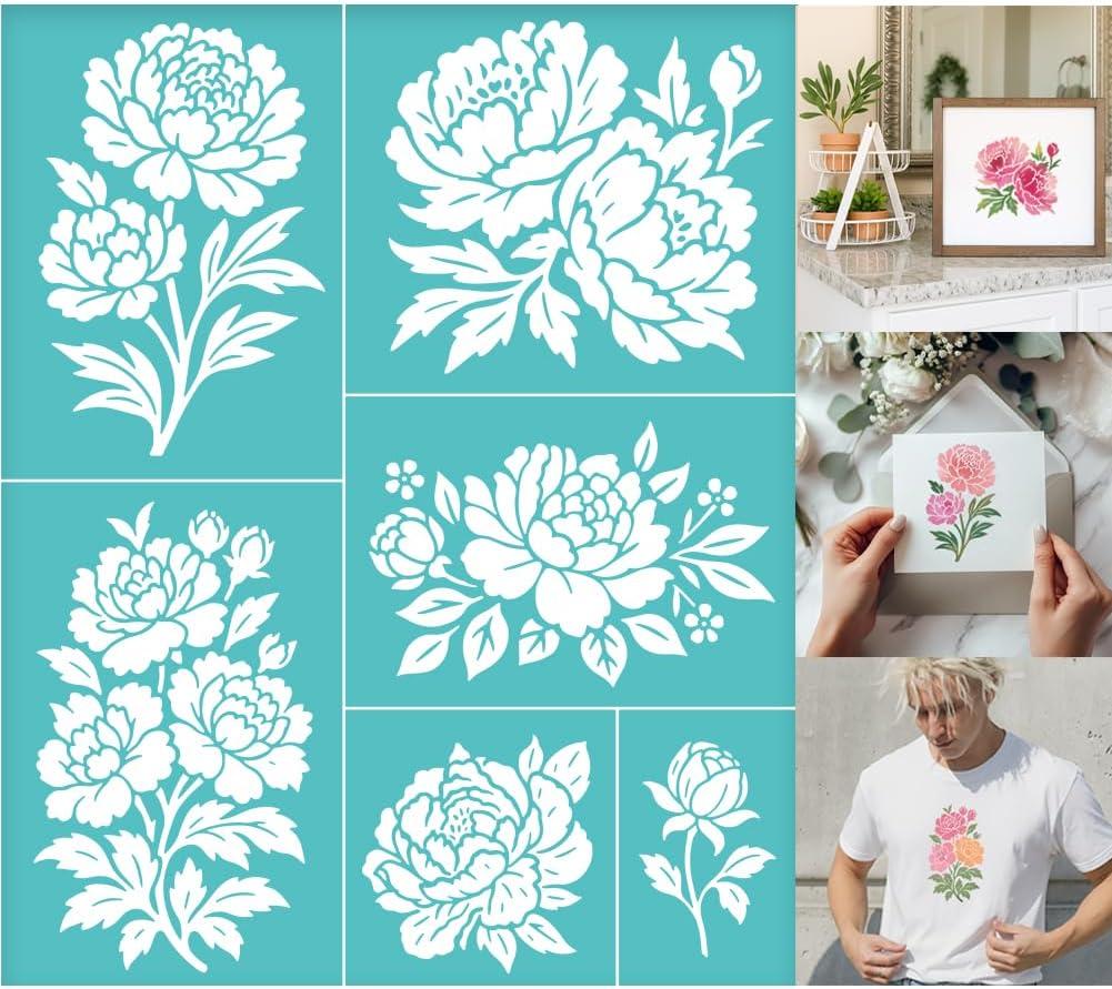 2 Sheets Flower Silkscreen Stencils, Different Peonies Printing Stencils Templates Reusable Self-Adhesive Silk Screen for Painting on Wall Wood T-Shirt Fabric Home Craft Decor