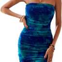 BEAUDRM Women's Tie Dye Strapless Backless Bandeau Pencil Dress Knit Mesh Bodycon Tube Dresses Ruched Mini Dress (Blue, XL)