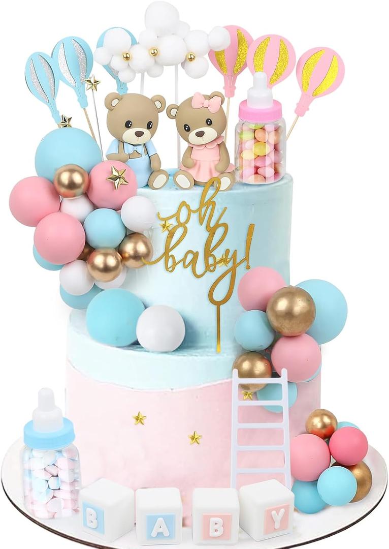 47 PCS Bear Cake Toppers - Mini 3D Bear BABY Letters Milk Bottle Blue Pink Gold Foam Balls Cake Toppers for Gender Reveal Baby Shower Party Cake Decorations