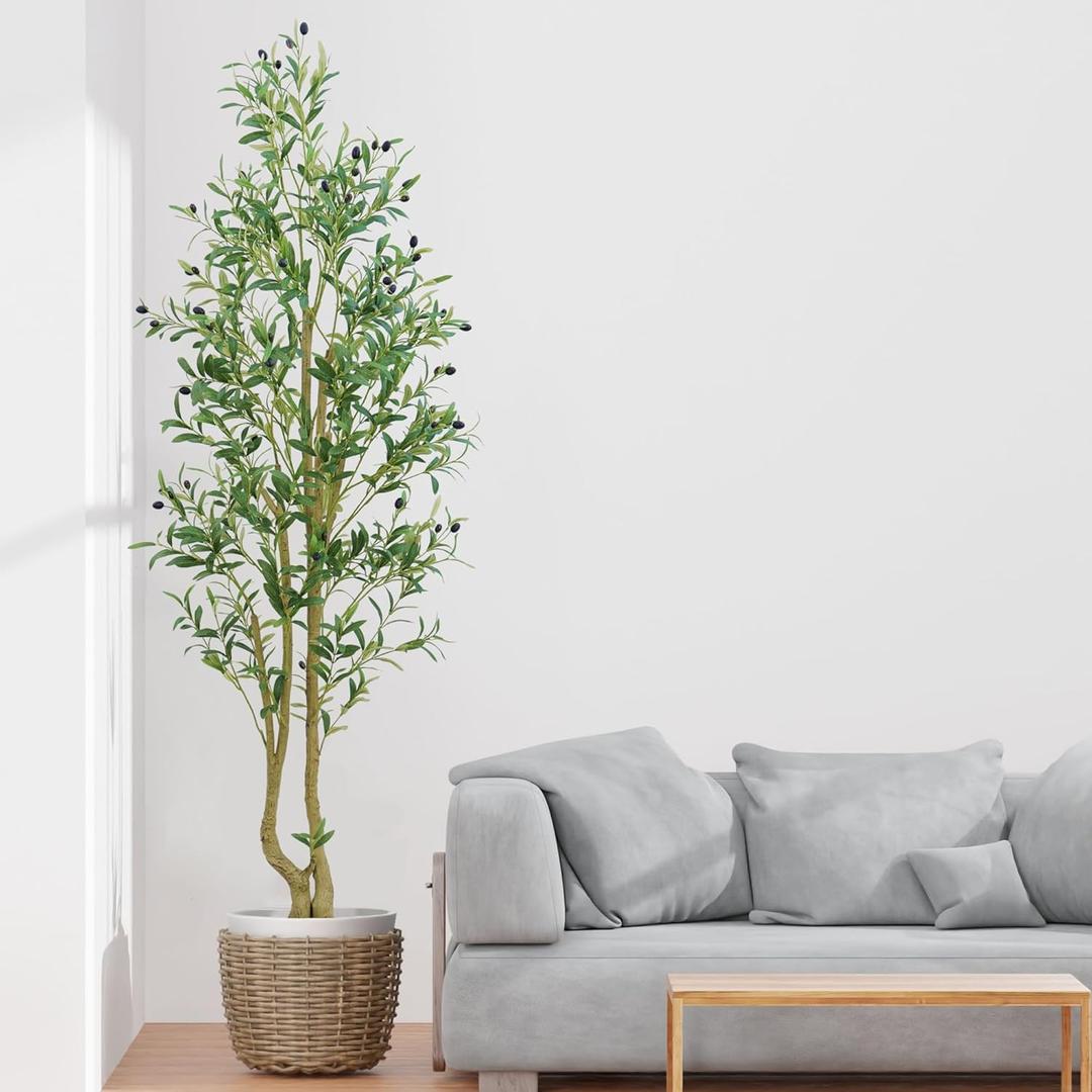 Olive Tree 6ft, Artificial Olive Tree with White Pot, Fake Tree with 1296 Dense Leaves & 72 High-Simulated Olive Fruits - Easy Assembly, Low Maintenance (Olive Tree 6ft)