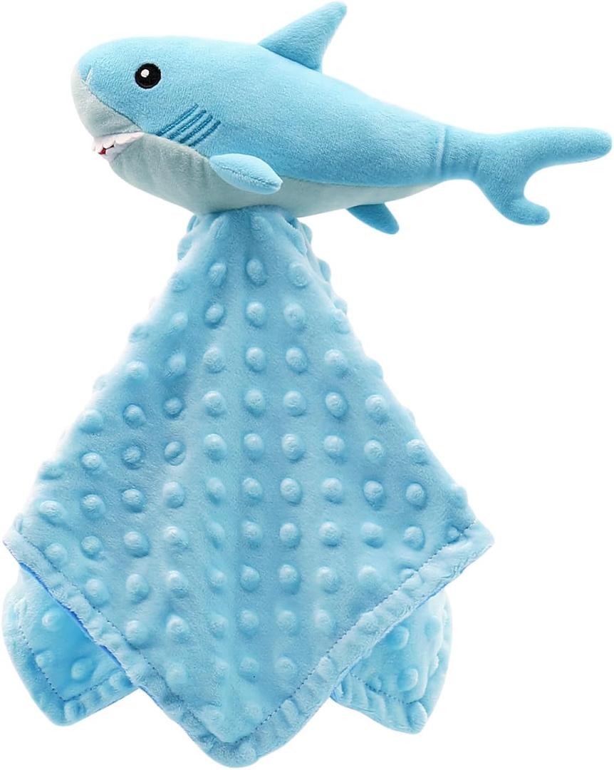 Shark Blanket Security for Baby Soft Lovey Plush Sleeping Snuggle Gifts Boy Blue Minky Dot Stuffed Ocean Animal Newborn Nursery Kids Toddler First Birthday Unisex Blankie Gift Ideas 15 Inch