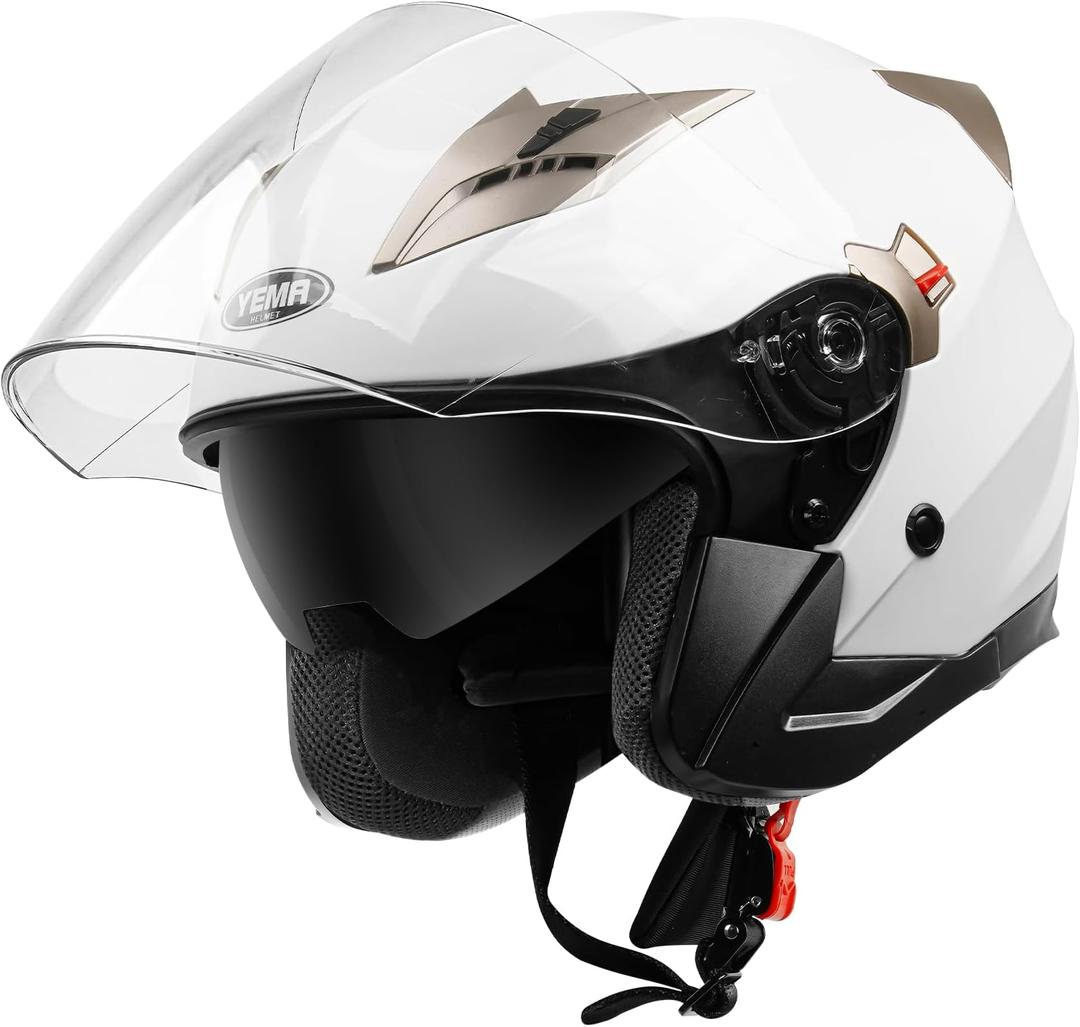 YEMA Open Face Motorcycle Helmets, DOT Approved 3/4 Moped Helmet Dual Visor Quick Release Buckle, Helmets for Adults Motorcycle Men Women Helmets for Moped Scooter Streey (White, M)
