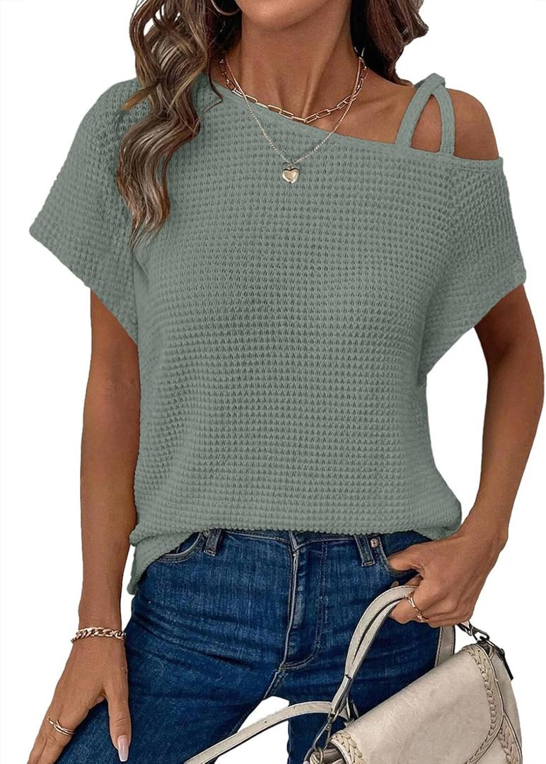 Dokotoo Womens Summer Tops Off One Shoulder Waffle Knit Short Sleeve T-Shirts Casual Lightweight Solid Color Blouses, X-Large
