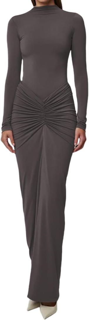 JUMISEE Women's Sexy Ruched Long Sleeve Maxi Dress Elegant Turtleneck Bodycon Cocktail Party Dress Evening Dress Coffee XL