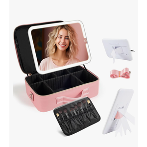 Large Travel Makeup Bag with LED Mirror, 3-Color Stepless Dimming Stand Mirror Detachable, with Adjustable Divider, Makeup Brush Holder Storage (Pink)