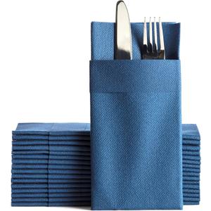Navy Dinner Napkins Cloth Like with Built-in Flatware Pocket, Linen-Feel Absorbent Disposable Paper Hand Napkins for Kitchen, Bathroom, Parties, Weddings, Dinners or Events, 16x16 inches, Pack of 50
