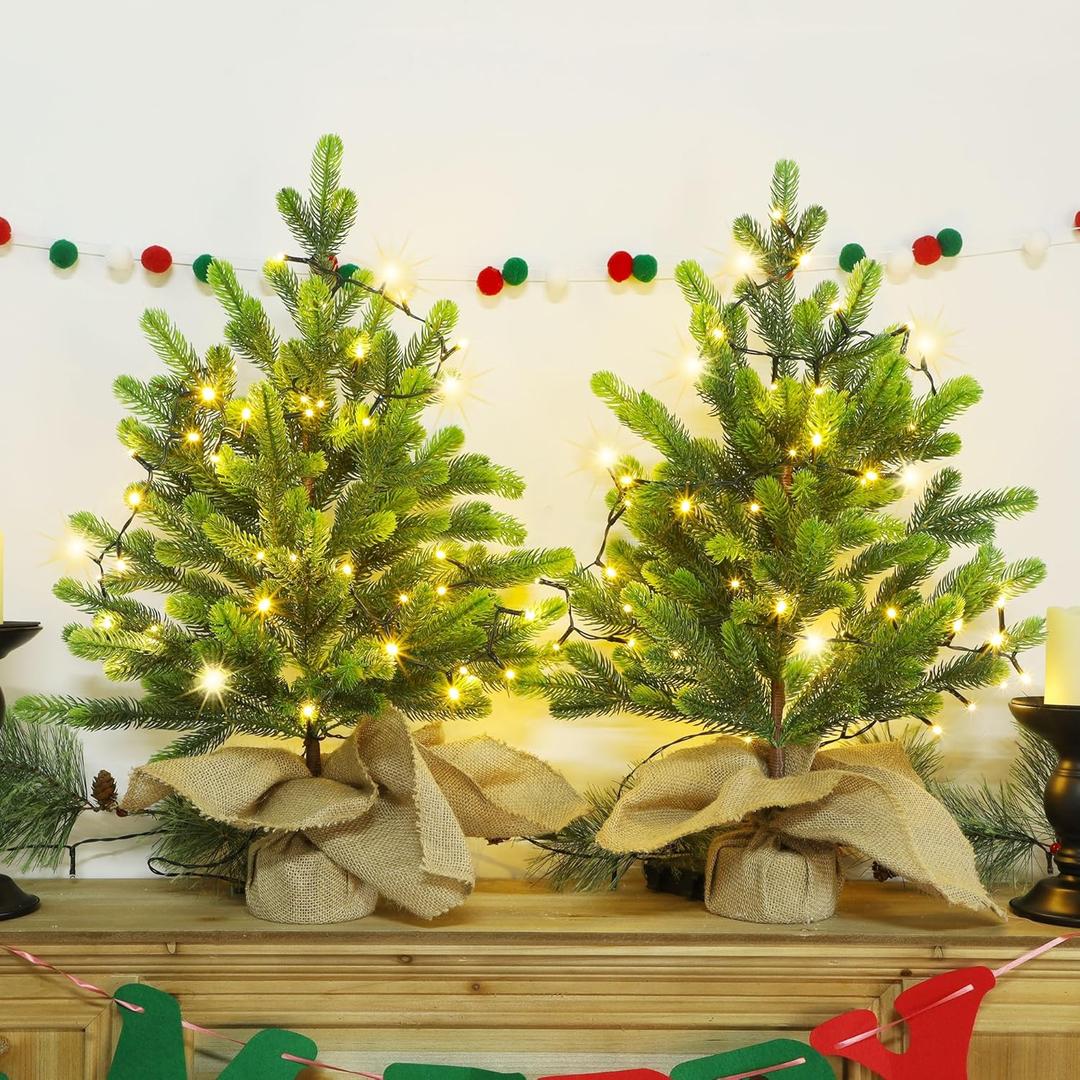 Lulu Home 2 Packs Pre-lit Artificial Mini Christmas Tree, 24 Inch Tabletop Battery Operated Norfolk Pine Tree with 50 LED Light and Burlap Wrap Base for Xmas Spring Decor