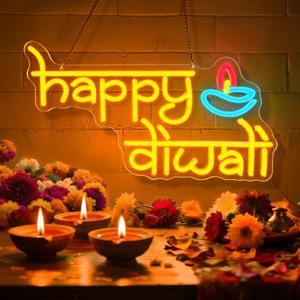Happy Diwali Neon Sign  LED Neon Light Sign with Diya Design,USB Powered Festival of Lights Neon Sign for Diwali Decorations,Home Wall Dcor,Pooja Room,Party & Bedroom Neon Wall Light