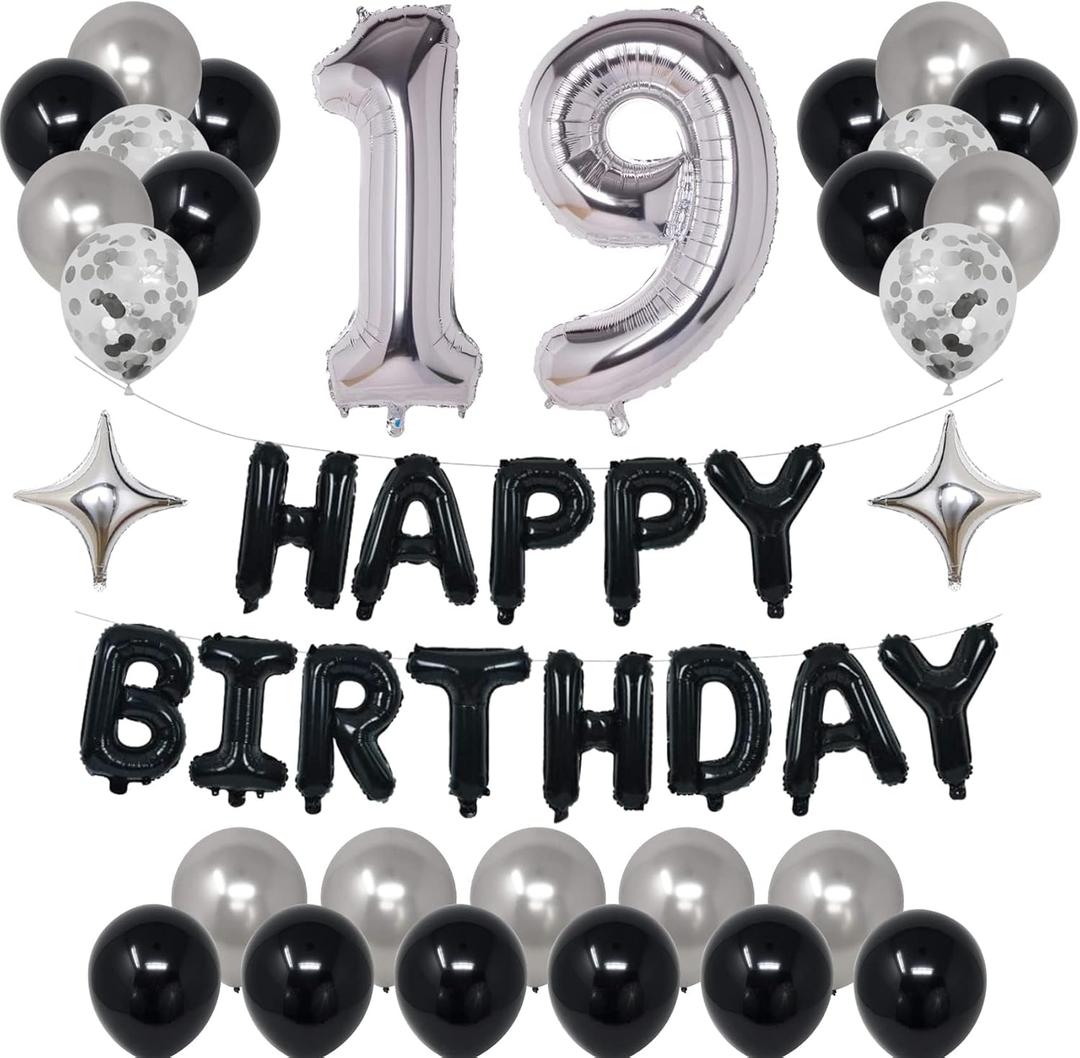 19th Black Silver Birthday Party Decorations for Men Women, Happy 19 Birthday Party Supplies with Black Happy Birthday Banner, Silver Foil Stars, Happy Birthday Balloons for 19th Birthday