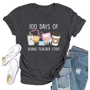 Qskall 100 Days of School Shirt for Women 100th Day of School Tshirts Teacher Tee Top Grey Size M