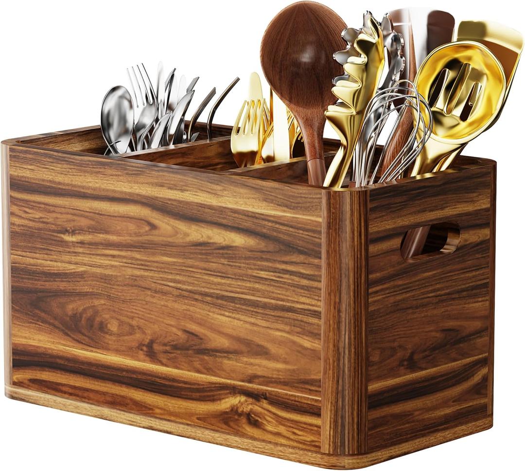 Yirilan Wooden Kitchen Utensil Holder for Counter, Acacia Wood Utensil Holder for Storage Cooking and Silverware with 3 Compartment, Rustic Wooden Organizer Container