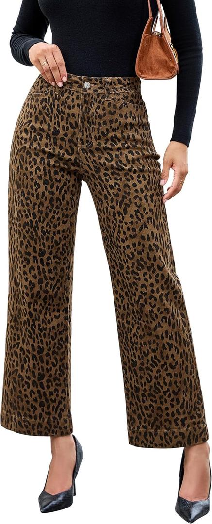 luvamia Wide Leg Jeans Woman Trendy High Waisted Leopard Cheetah Print Ankle Length Stretchy Denim Pants with Pockets (Large)