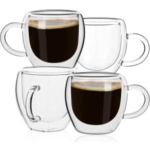 2.5oz Espresso Cups Set of 4, Small Expresso Coffee Cup, Expresso Shot Glass with Handle, Double Wall Insulated Espresso Mugs,Tazas de Cafe Expreso, Fit for Espresso Machine Accessories, Clear