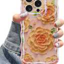 Jusy Compatible with iPhone 15 Pro, Colorful Retro Oil Painting Printed Flower Laser Glossy Pattern Cute Curly Wave Phone Case Soft TPU Cover for Girly Women - Pink Rose