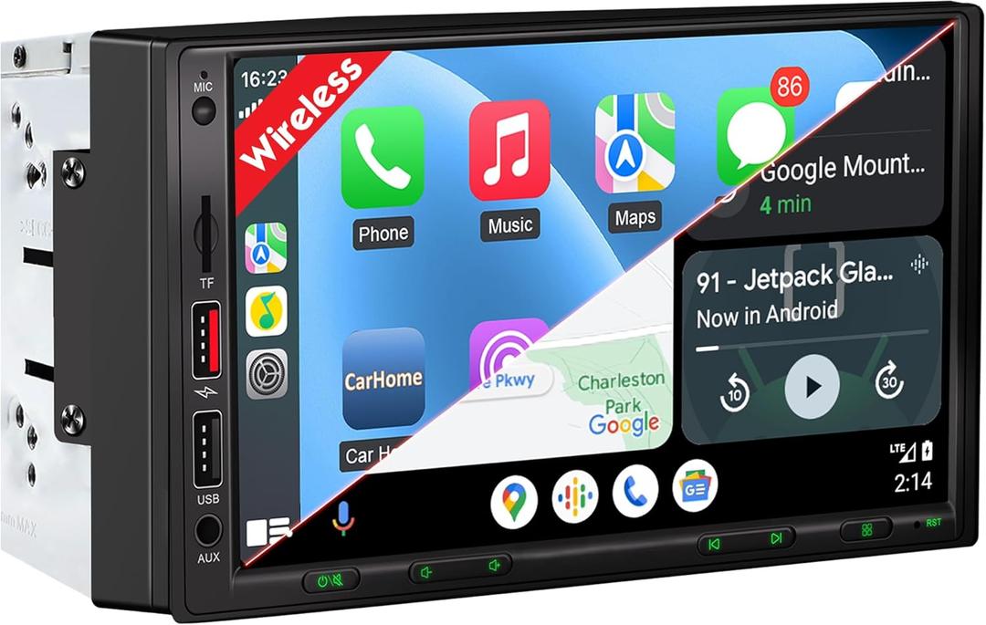 [DSP Inside] Wireless Double Din Car Stereo, Wireless Apple Carplay Android Auto, 7 Inch Touchscreen Radio with 240W Enhanced DSP Sound, FM/AM/Bluetooth Handsfree, HD Waterproof Backup Camera