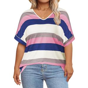DOLNINE Plus Size Tops for Women V Neck Color Block Striped Tshirts Loose Fit Short Sleeve Shirts Casual Summer Tunic Tees (Pink, XXL)