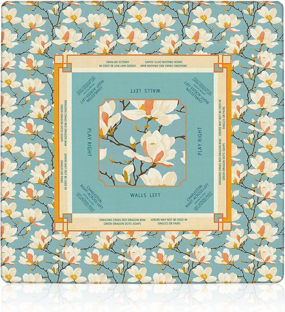 Chinoiserie Magnolia Blue Mahjong Mat 31.5 x 31.5 in, Traditional Oriental Chinese White Floral Anti Slip and Noise Reduction Game Table Cover for Mahjong Dominoes Card Board Tile Games