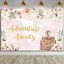 MEHOFOND 7x5ft Adventure Awaits Backdrop Travel Themed Party Decorations World Map Photo Background Flower Travel and Adventure Baby Shower Backdrop Banner for Cake Table Supplies