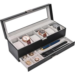 ProCase Watch Box, 6 Slot Watches Display Case with Drawer, Mens Watch Case with Glass Lid, 2-Layer Mens Jewelry Organizer Storage Holder, Birthday Valentine Gifts for Men -6 Slot, Black 