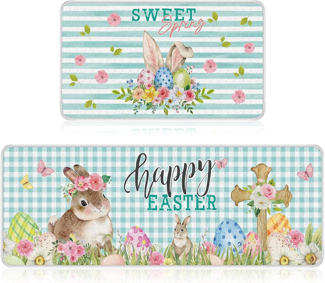 Drydiet Spring Easter Kitchen Rugs and Mats Set of 2 Happy Easter Kitchen Decor Buffalo Plaid Bunny Egg Cross Flower Mat for Floor Spring Decorations for Home, 17 x 30, 17 x 47 Inches