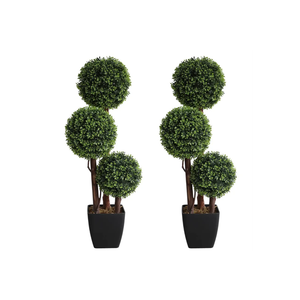 Artificial Topiaries Ball Tree Outdoor, 3ft Fake Topiary Triple Ball Boxwood Trees (2 Pieces), Faux Shrubs Plants Potted Green Decorative Indoor Porch or Garden (35inch）