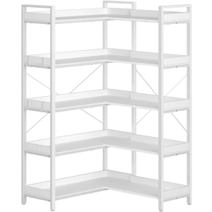 Rolanstar Bookshelf 5 Tier with 4 Hooks, Reversible Corner Bookshelf, 65" Industrial Wooden Bookcase with Open Shelves and Metal Frame for Living Room, Bedroom, Home Office, White