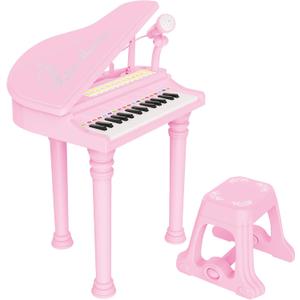 Kids Piano Keyboard Toy, Toddler Electronic Musical Instrument Educational Toy with Microphone, Multiple Sounds, Record Playback, Lights & Stool, Birthday Gift for 3 4 5 6 7 Years Old Girls