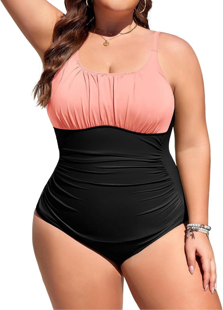Plus Size Bathing Suit for Women Tummy Control Swimsuit One Piece Swimsuit Ruched Cute Swimsuits Vintage Swimwear 2026 (X-Large, Pink+Black)