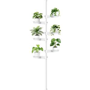 Tension Rod Plant Stand, Plant Poles for Hanging Plants Indoor, 6 Tier Tension Pole Plant Hanger, Floor to Ceiling Plant Pole with 6 Trays Hanging Plant Stand (White)