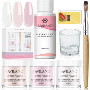 SAVILAND Acrylic Nail Kit - 3 Colors Clear/Pink/Nudes Acrylic Powder and Liquid Set with Monomer Acrylic Liquid, Acrylic Nail Brush and Nail Forms for Beginner