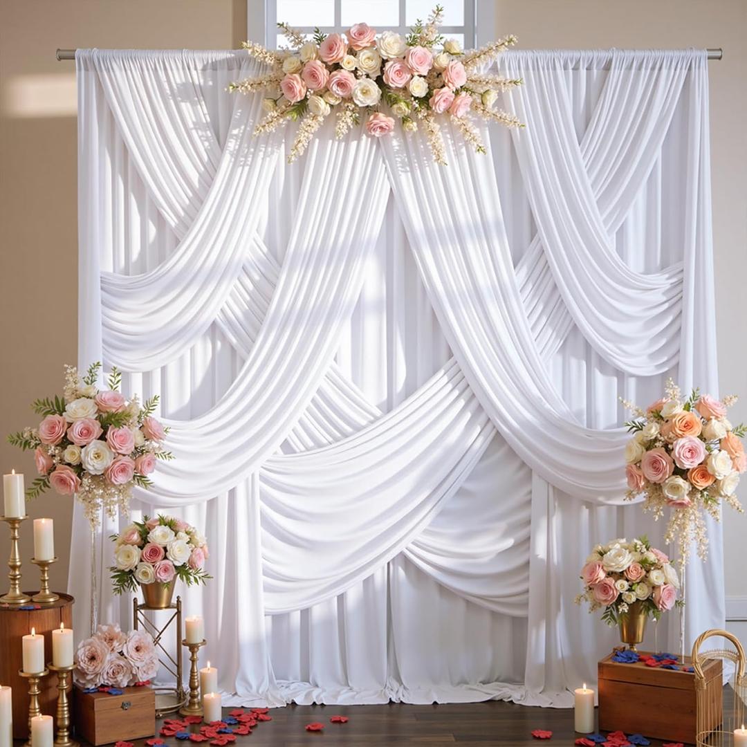 10 Panels 5x12ft White Backdrop Curtains for Wedding Parties, Wrinkle Free Polyester 12 ft Long Photo Backdrop Drapes Back Drop Cloth Drapery for Birthday Baby Shower Ceremony Photography Background, 5ftx12ft_10 Panels