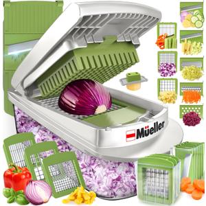 Mueller Pro-Series 10-in-1, 8 Blade Vegetable Chopper, Onion Mincer, Cutter, Dicer, Egg Slicer with Container, French Fry Cutter Potato Slicer, Home Essentials, Salad Chopper White Sand/Green