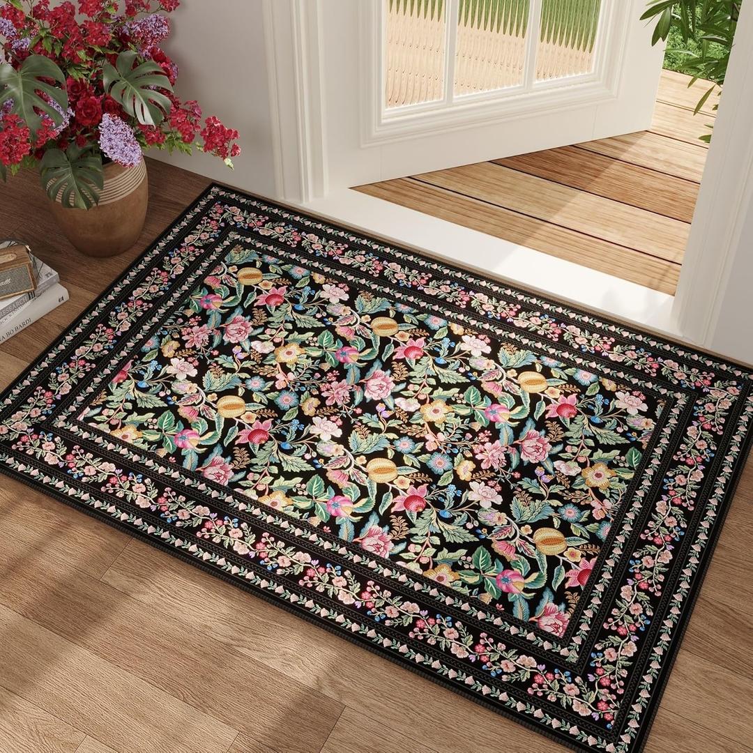 Door Mat Indoor Entrance 2x3 Rug Machine Washable Vintage Floral Small Area Rug Non-Slip Low Pile Throw Rugs for Entryway, Kitchen, Front Door Indoor Entrance, Entry, Kids Room, Black