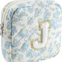 JOVAKIT Small Quilted Alphabet Makeup Bag Cosmetic Bag for Women, Gifts for Girls Age 2-16, Floral Flowers Cotton Travel Toiletry Pouch, Zipper Make Up Lipstick Data Cable Organizer Bag (Blue J)
