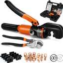 Sanuke Hydraulic Crimping Tool and Cable Cutter, 12 AWG to 2/0 AWG, 10 Tons Electrical Terminal Cable Crimper Tool Kit with 9 Die Sets and 64PCS Copper Wire Lugs