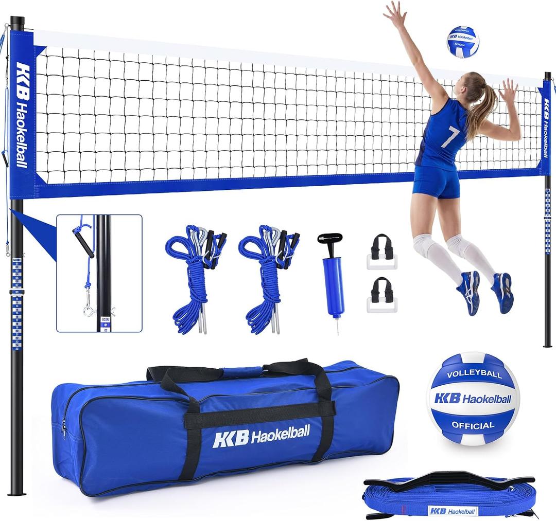 Haokelball Outdoor Volleyball Net Set for Backyard, 32FT Regulation, 3-Level Adjustable Height & Anti-Sag Tension System, Heavy Duty Thick Poles, Includes Volleyball, Pump, Boundary Line and Carry Bag