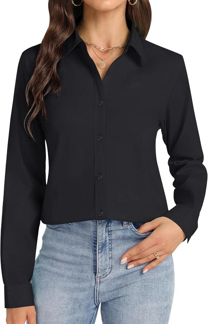 J.VER Button Down Shirts for Women Stretch Collared Cotton Long Sleeve Dress Shirt Business Casual Blouse for Work (Black, XL)