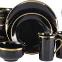 Modern Porcelain 16 Piece Dinnerware Set for 4, Black and Gold Plates and Bowls Set - Service Includes Mugs, Elegant Chip Resistant Dishwasher Safe Complete Dish Set