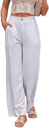 heipeiwa Women's Linen Casual High Waist Wide Leg Straight Dress Cotton Linen Pants Button Trousers White XL
