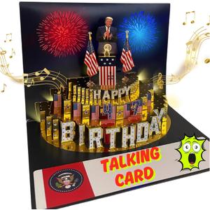 Talking Pop Up Birthday Card for Men and Women with Lights & Blow-out Candle, Real Voice Birthday Message with DIY Numbers, Funny Political Dad Birthday Gift for Men and Fans with Golden Cover