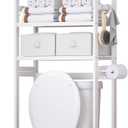 Over The Toilet Storage with 2 Baskets, 4-Tier Bamboo Organizer Rack with Paper Holder & 4 Hooks & Waterproof Feet Pad,Freestanding Shelf for Bathroom(White)