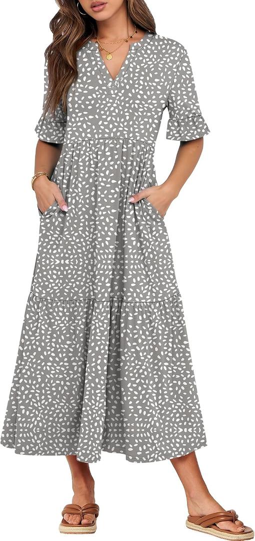 ANRABESS Womens Summer Maxi Dresses Casual Ruffle Short Sleeve V Neck Flowy Tiered 2026 Spring T Shirts Beach Boho Dress Large