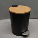 Mini Trash Can with Bamboo Lid Soft Close and Foot Pedal, 0.8Gal / 3L Tiny Round Trash Can with Removable Plastic Inner Wastebasket for Bathroom, Bedroom, Powder Room, Office, Desk, Car, Black
