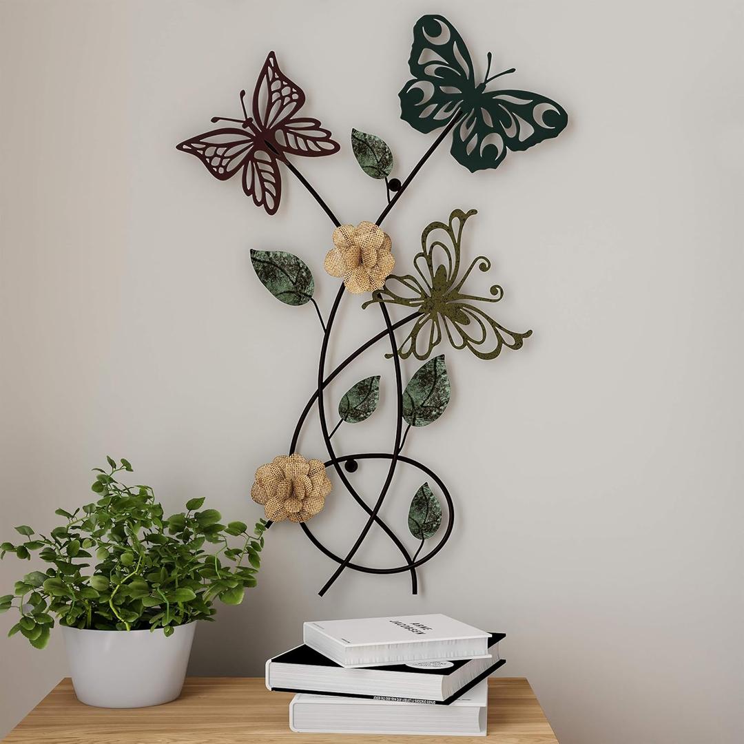 Floral Butterfly Metal Wall Art - Rustic Butterflies with Burlap Leaves and Flowers for Modern Farmhouse Living Room Decor By Lavish Home (Multicolor)